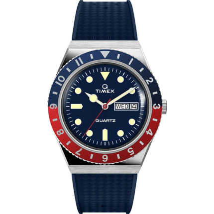 Timex Men's Watch - Q Quartz Rotating Bezel Blue Dial Strap Day-Date TW2V32100 ,