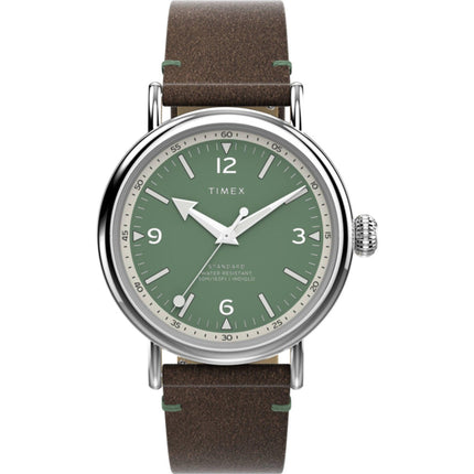 Timex Men's Watch - Standard White and Green Dial Brown Leather Strap | TW2V71200VQ ,