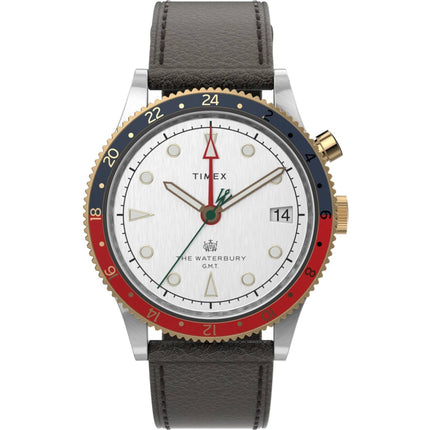Timex Men's Watch - Waterbury Traditional GMT White Dial Leather Strap | TW2U99100 ,