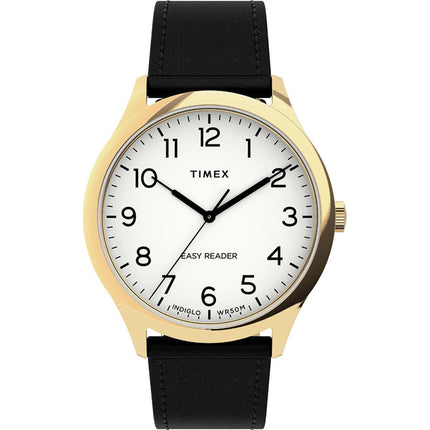 Timex Unisex Quartz Watch - Easy Reader White Dial Black Leather Strap | TW2U22200VQ ,