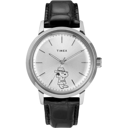 Timex Unisex Watch - Peanuts Marlin Silver Tone Dial Black Leather Strap | TW2U99500ZV ,