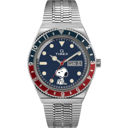 Timex Unisex Watch - Q Reissue Peanuts Snoopy Blue Dial Steel Bracelet | TW2U71300ZV ,