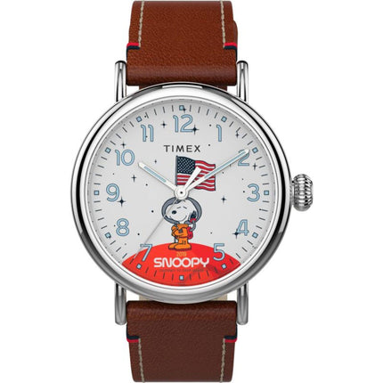 Timex Unisex Watch - Standard Space Snoopy Brown Leather Strap Quartz | TW2T92300 ,