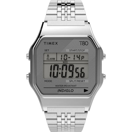 Timex Unisex Watch - T80 Grey Digital Dial Alarm Function Steel Bracelet | TW2R79300 ,