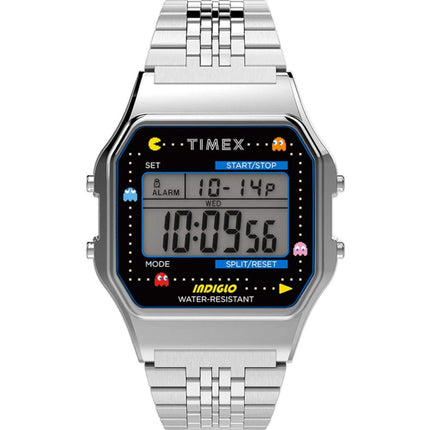 Timex Unisex Watch - T80 Pac-Man Grey Digital Dial Silver Tone Bracelet | TW2U31900YB ,