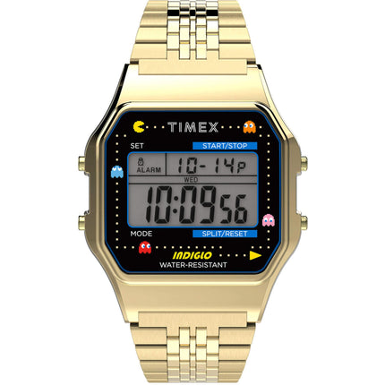 Timex Unisex Watch - T80 Pac-Man Grey Digital Dial Yellow Gold Bracelet | TW2U32000YB ,