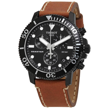 Tissot Men's Chronograph Watch - Seastar 1000 Black Case Brown Strap | T1204173605100 ,