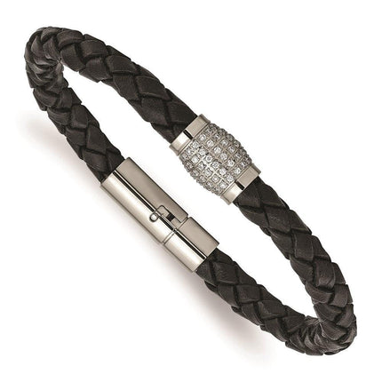 Titanium Polished CZs Black Leather Bracelet ,