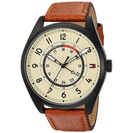 Tommy Hilfiger Men's Quartz Watch - Beige Dial Brown Leather Strap | 1791372 ,