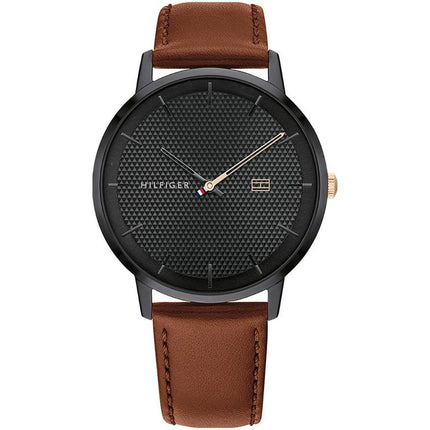 Tommy Hilfiger Men's Quartz Watch - James Black Dial Brown Leather Strap | 1791700 ,