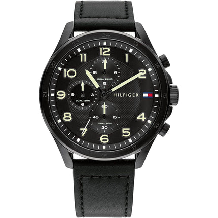 Tommy Hilfiger Men's Watch - Axel Dual Time Black Genuine Leather Strap | 1792004 ,