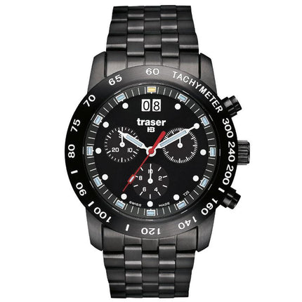 Traser 100260 Men's Classic Chrono Big Date Pro Black IP Steel Black Dial Swiss Watch ,