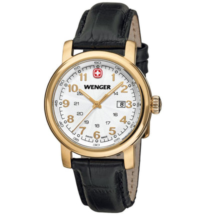 Wenger 01.1021.109 Women's Urban Classic White Dial Gold Plated Steel Black Leather Strap Watch ,
