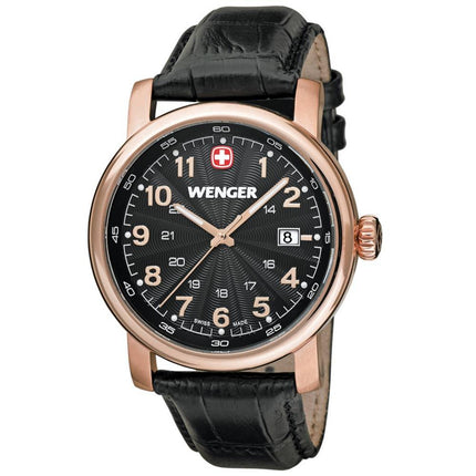 Wenger 01.1041.108 Men's Urban Classic Black Dial Rose Gold Steel Black Leather Strap Watch ,