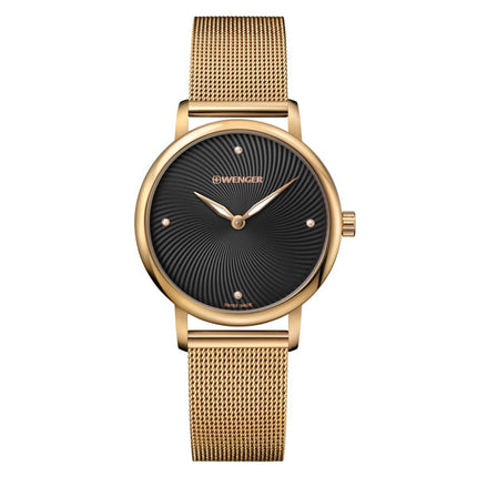 Wenger 01.1721.102 Women's Urban Donnissima Yellow Gold Steel Mesh Bracelet Black & Grey Dial Watch ,