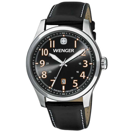 Wenger 0541.104 Men's Terragraph Orange Accents Black Dial Black Leather Strap Watch ,