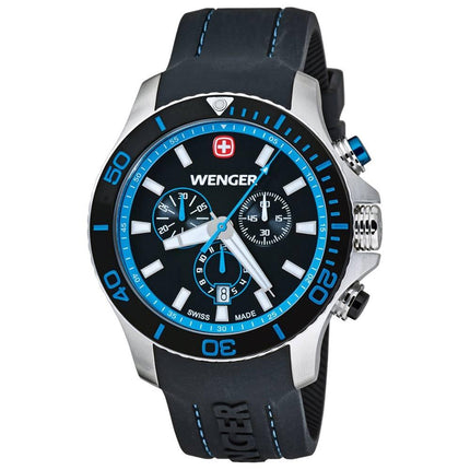 Wenger 0643.103 Men's Sea Force Black & Blue Dial Black Rubber Strap Chronograph Dive Watch ,