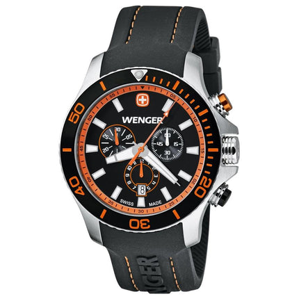 Wenger 0643.104 Men's Sea Force Black & Orange Dial Black Rubber Strap Chronograph Dive Watch ,