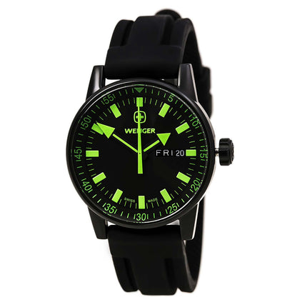 Wenger 70172 Men's Black Ion Plated Green Accents Black Dial Rubber Strap Watch ,
