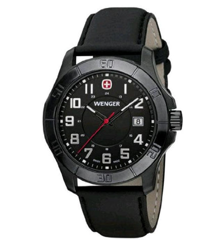 Wenger 70475 Men's Black Plated Leather Strap Quartz Watch ,