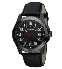 Wenger 70475 Men's Black Plated Leather Strap Quartz Watch