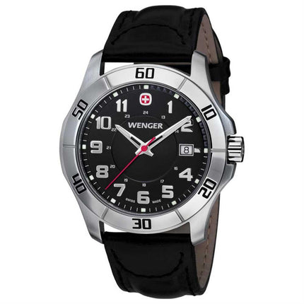 Wenger 70485 Men's Alpine Swiss Made Black Dial Leather Strap Quartz Watch ,
