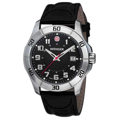 Wenger 70485 Men's Alpine Swiss Made Black Dial Leather Strap Quartz Watch