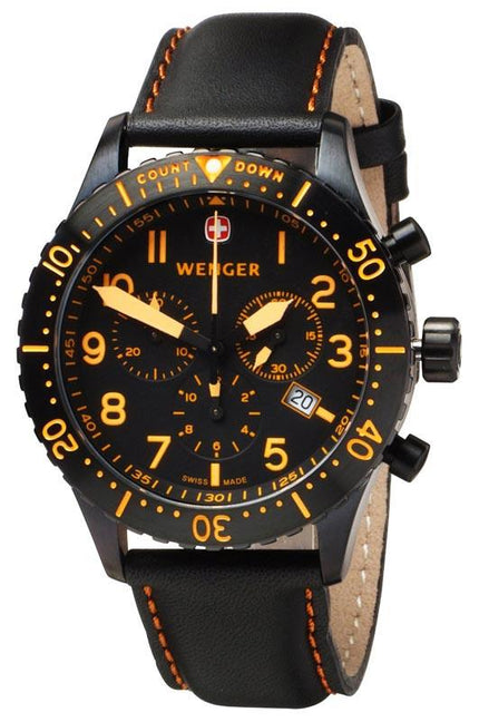 Wenger 77003 Men's Black Plated Leather Strap 100M WR Watch ,