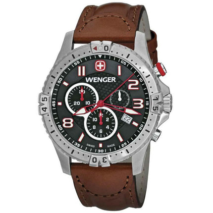 Wenger 77051 Men's Squadron Chrono Red Accents Black Dial Leather Strap Chronograph Watch ,