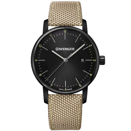 Wenger Men's Quartz Watch - Urban Classic Black Dial Beige Fabric Strap | 01.1741.138 ,