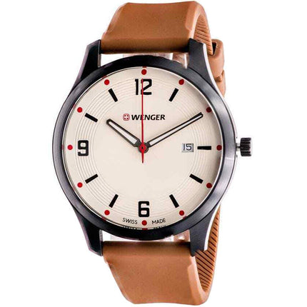 Wenger Men's Swiss Quartz Watch - Date Beige Dial Brown Leather Strap | 01.9041.202C ,