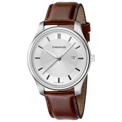Wenger Swiss Made Men's City Classic Silver Tone Dial Brown Leather Strap Watch | 01.1441.122 ,