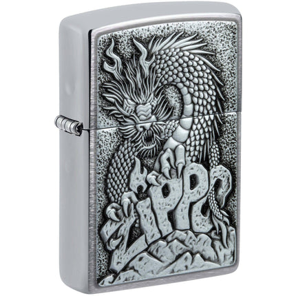 Zippo Lighter - Ferocious Dragon Design Brushed Chrome Refillable Windproof | 48902 ,