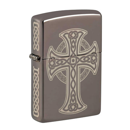 Zippo Pocket Lighter - Black Celtic Cross Design Brass Windproof Refillable | 48614 ,
