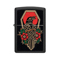 Zippo Pocket Lighter - Black Matte Crow Tattoo Design Brass Metal Windproof | 48611 ,
