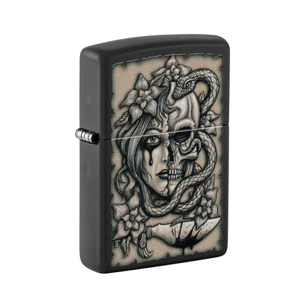 Zippo Pocket Lighter - Black Matte Gory Tattoo Design Brass Metal Windproof | 48616 ,