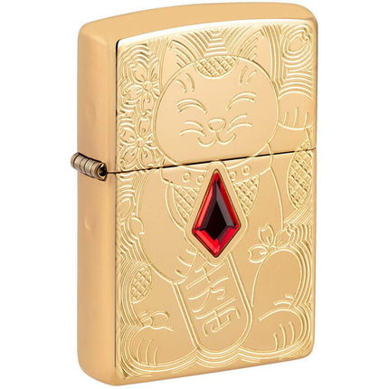 Zippo Windproof Lighter - Armor Lucky Cat Design High Polish Brass | 49802 ,