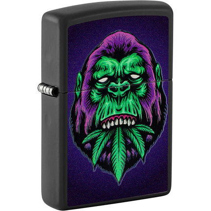 Zippo Windproof Lighter - Black Light Cannabis Gorilla Design Black Matte | 48585 ,
