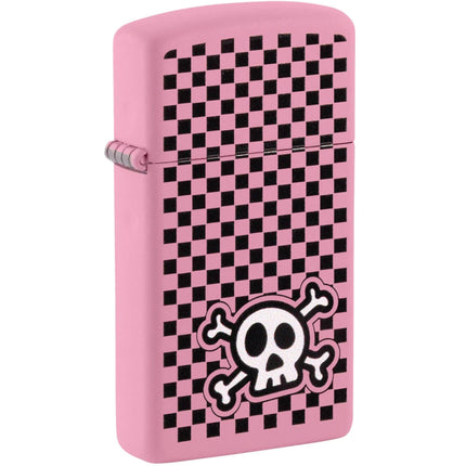 Zippo Windproof Lighter - Checkered Skull Design Slim Pink Matte All-Metal | 48680 ,