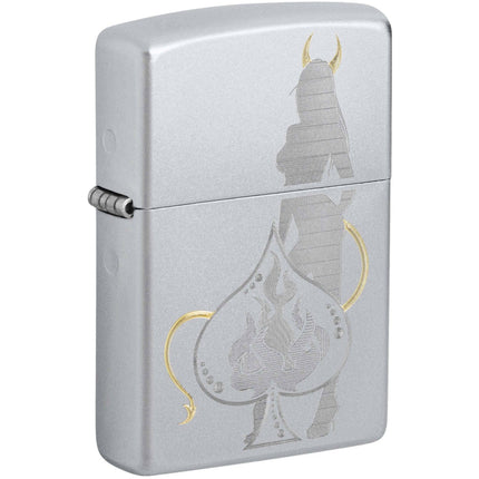Zippo Windproof Lighter - Devilish Figure with Ace Design Satin Chrome Metal | 48658 ,