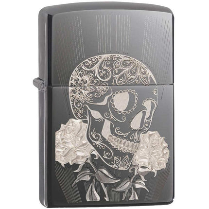 Zippo Windproof Lighter - Fancy Skull Design Black Ice Finish Metal Refillable | 29883 ,