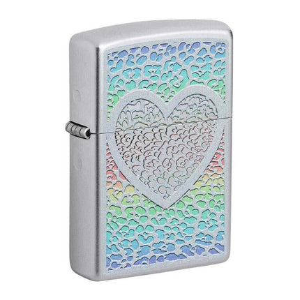 Zippo Windproof Lighter - Heart Design Satin Chrome Pebbling Pattern | 49780 ,