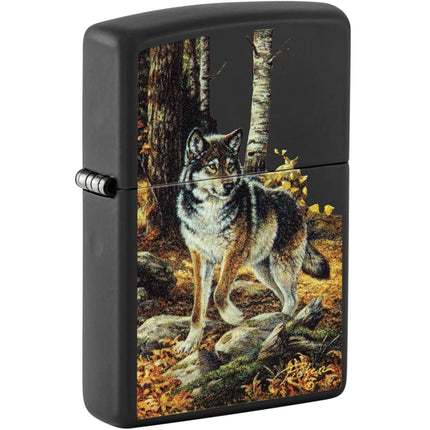 Zippo Windproof Lighter - Linda Picken Wolf in Fall Woods Design Black Matte | 48970 ,