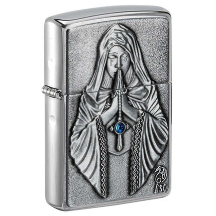 Zippo Windproof Lighter - Prayerful Figure with Blue Jewel Brushed Chrome | 49756 ,