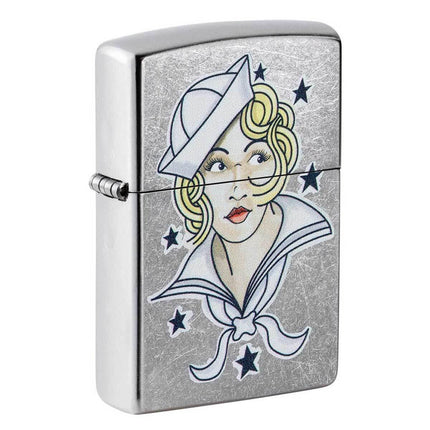 Zippo Windproof Lighter - Sailor Girl Tattoo Design Street Chrome | 49789 ,