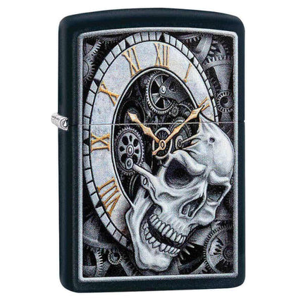 Zippo Windproof Lighter - Skull Clock Design Black Matte Refillable | 29854 ,