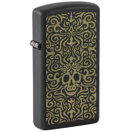 Zippo Windproof Lighter - Skull Design Slim Black Matte Finish Laser Engrave | 48564 ,