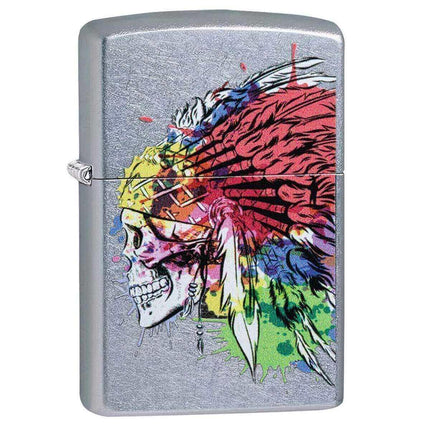 Zippo Windproof Lighter - Skull with Headdress Design Street Chrome Finish | 49111 ,