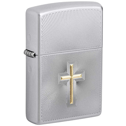 Zippo Windproof Lighter - Two Tone Cross Design Satin Chrome Metal Finish | 48581 ,
