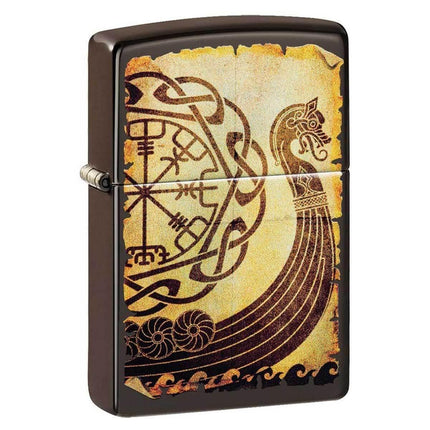 Zippo Windproof Lighter - Viking Warship Design Brown Finish Metal Refillable | 49182 ,